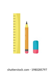 Ruler, pencil, and  eraser isolated on white background. Vector illustration