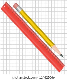 ruler and a pencil with an eraser on the background of the sheet in a cage