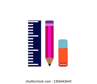 Ruler, pencil and eraser on a white background. Flat design. Vector.