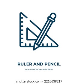 Icono de regla y lápiz. Ilustración lineal vectorial de la colección de naves de la línea de construcción. Guión de contorno y vector de icono de lápiz. Símbolo de línea delgada para uso en aplicaciones web y móviles, logotipo, medios impresos.