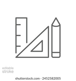 Ruler and pencil icon. Simple outline style. Triangle, pen, triangular, school, drawing, learning, study, geometry, education concept. Thin line symbol. Vector illustration isolated. Editable stroke.