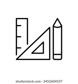 Ruler and pencil icon. Simple outline style. Triangle, pen, triangular, school, drawing, learning, study, geometry, education concept. Thin line symbol. Vector illustration isolated.