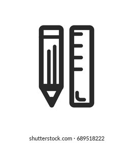 Ruler and pencil  icon. The symbol is drawn a line.  Isolated vector icon on white background