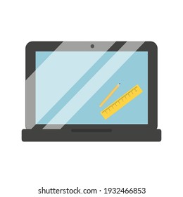 Ruler and pencil in a laptop in the topic of online learning