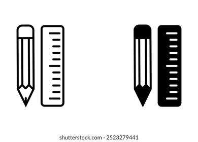 Ruler and pencil, linear style icon. Crossed ruler and pencil, measurement and drawing. Editable stroke width.