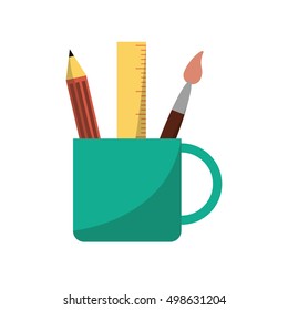Ruler pencil and paint brush inside mug design