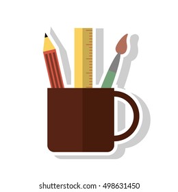 Ruler pencil and paint brush inside mug design