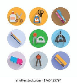 Ruler and pencil, paper glue, geometry compass, school chancery flat icon set with long shadow