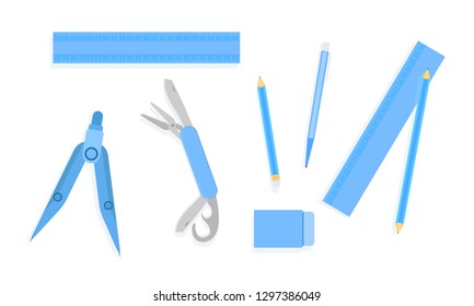 ruler pencil pen eraser compasses pocket knife basket blue tone vector illustration eps10