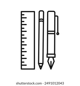 Ruler pencil and pen icon Black line art vector logo
