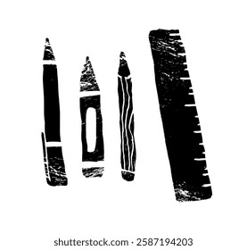 Ruler pencil and pen icon Black line art vector logo textured