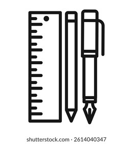 Ruler, pencil and pen icon Black line art vector in black and white outline set collection sign