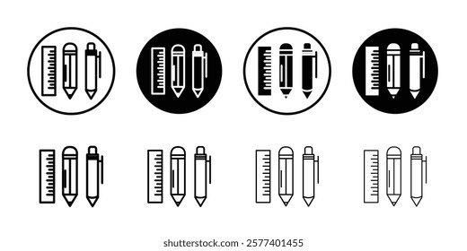 Ruler, pencil and pen icon Flat outline Collection in Black and white background