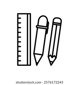 Ruler, pencil and pen icon linear thin line icon graphics set black and white