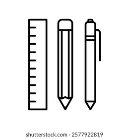 Ruler, pencil and pen icon linear logo mark set collection in black and white for web