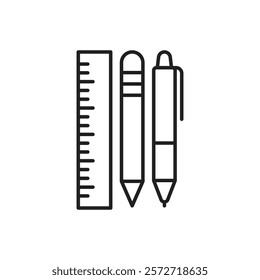 Ruler, pencil and pen icon outline collection or set in black and white