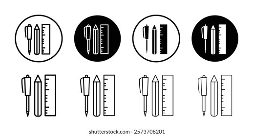 Ruler, pencil and pen icon set in thin line outline style and linear vector sign