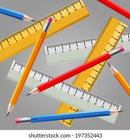 Ruler and pencil set. In different colors, isolated