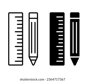 Ruler and pencil. Vector flat black icon isolated on white background.