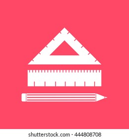 Ruler And Pencil white icon on magenta color background. Eps-10.