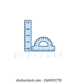 Ruler and protractor. Centimeters. Measure of length. Geometric, mathematical devices. Learning math. Tools of an architect, engineer.