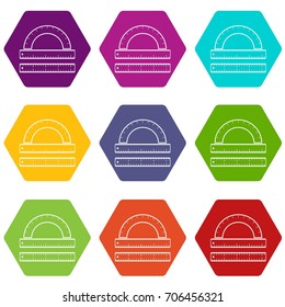 Ruler and protractor icon set many color hexahedron isolated on white vector illustration