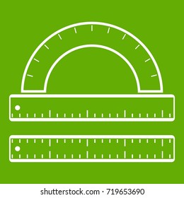 Ruler and protractor icon white isolated on green background. Vector illustration