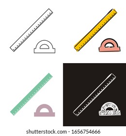 Iconos del regulador y del protractor aislados en fondo blanco. Icono de contorno dibujado a mano en estilo doodle, plano y tiza en una pizarra negra. Objeto vectorial para los temas de matemáticas, álgebra, geometría