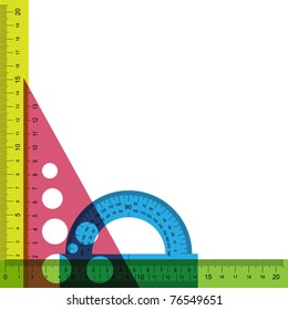 Ruler, protractor and triangle with simulated transparency. Vector illustration.