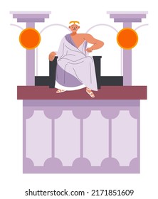 Ruler of roman empire, ancient male character sitting in amphitheater watching gladiator competition. Architecture and culture of old greece or Rome. Arena and attraction. Vector in flat style