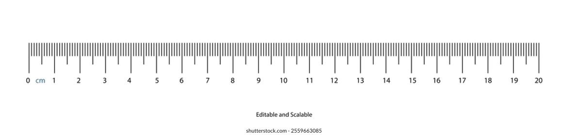 Ruler scale 20 centimeter measuring chart. Length measurement tool vector illustration.