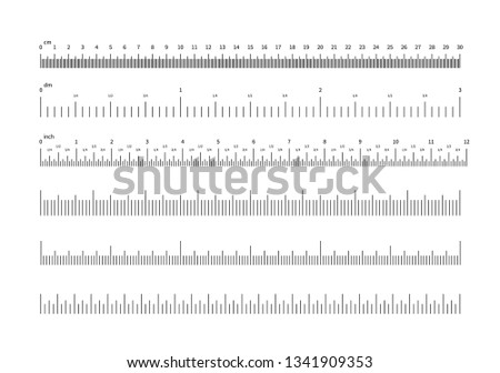 Ruler scale. Inch and cm measuring scales. Horizontal calibration precision size units for rulers and indicators. Vector set