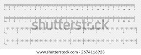 Ruler scale with markings and numbers. Size indicators measuring tool. Ruler scale with centimeters and inches units. Vector