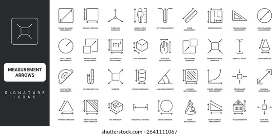 Ruler with scale measure width and height, house plan and box, square resize, space thin black symbols vector illustration. Measurement size, dimension scalable arrows, tools line icon set.