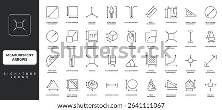 Ruler with scale measure width and height, house plan and box, square resize, space thin black symbols vector illustration. Measurement size, dimension scalable arrows, tools line icon set.
