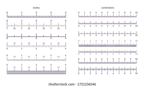 Ruler scale. Measuring metrics and inch indicators, precision line graphic with centimeter marks. Vector isolated illustration set of ruler signs for measurement