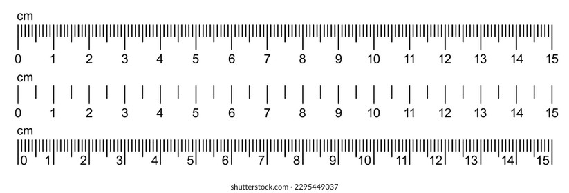 Ruler scale. Ruler size indicators. Ruler 15 cm. Metric centimeter. Measuring tool. Grid cm.