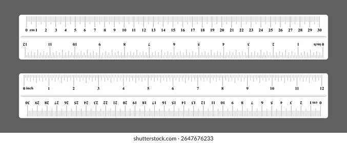 Ruler scale vector illustration, Set of inch and metric rulers. Measuring tool templates. Inches, centimeters measuring scales, Scale for ruler in centimeters, inches. Measuring scales icons isolated.