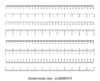 Ruler scales. Different measuring units. Rule divisions with numbers. School drawing tapes. Geometry instruments. Centimeters or inches. Length measurement. Vector width