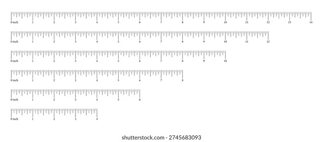 Ruler scales four, six, eight, ten, twelve, fourteen inch. Measuring chart 4, 6, 8, 10, 12, 14 inches. Sewing tool black icons. Set of length measurement math, distance, height templates.
