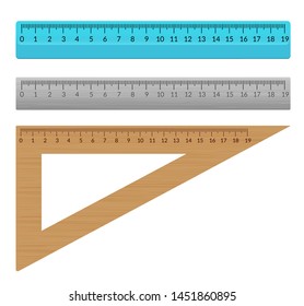 Ruler school flat centimeter. Scale inch rule millimeter plastic isolated illustration.