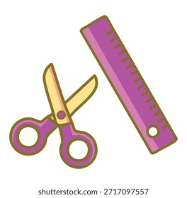 Ilustración vectorial de Regla y Tijeras para Proyectos de Educación, Aula y Artesanía. Icono de Vector de Regla y tijeras mínimas para útiles escolares, artesanía y diseño de UI UX. Regreso a la escuela.