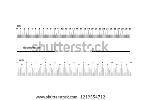 Ruler set: 30 cm, 3 decimeter and 12 inch, vector illustration