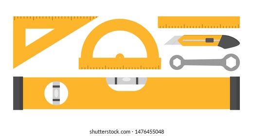 Ruler set. Yellow box cutter and tool for scale measurement. Education element. Isolated vector illustration in flat style