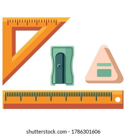 Ruler, sharpen and eraser sticker set on white isolated backdrop. Stationery for invitation or gift card, notebook, bath tile, scrapbook. Phone case or cloth print Flat style stock vector illustration