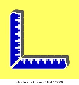 Ruler sign. Blue Icon with white stroke in 3d at yellow Background. Illustration.