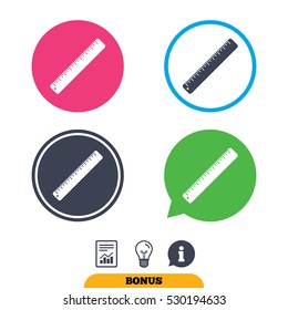 Ruler sign icon. School tool symbol. Report document, information sign and light bulb icons. Vector