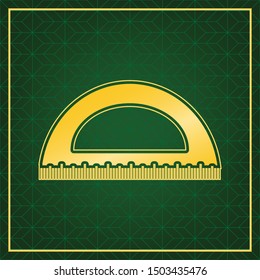 Ruler sign illustration. Golden icon with gold contour at dark green gridded  background. Illustration.