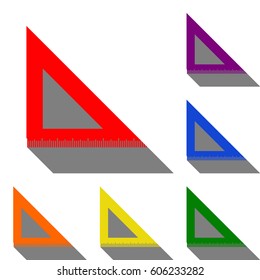 Ruler sign illustration. Set of red, orange, yellow, green, blue and violet icons at white background with flat shadow.