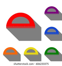Ruler sign illustration. Set of red, orange, yellow, green, blue and violet icons at white background with flat shadow.